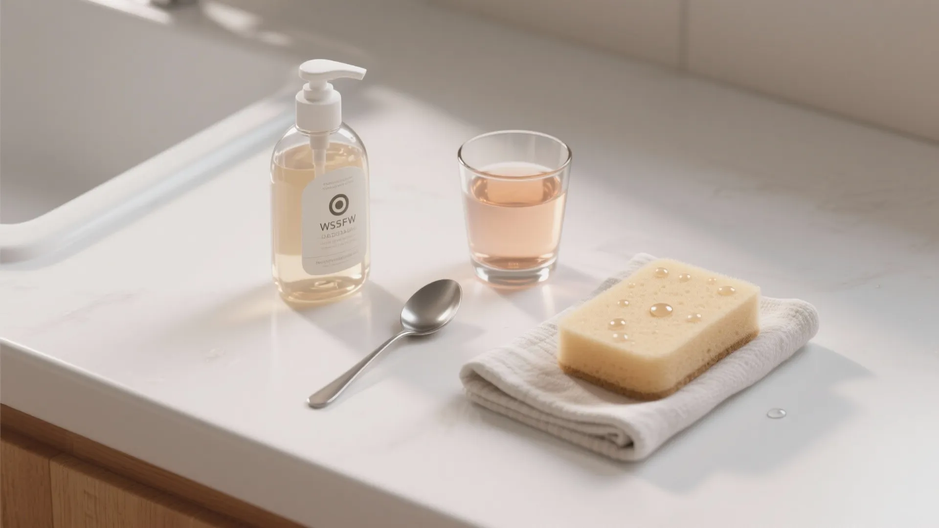 Flatlay of a clear dish soap bottle, teaspoon, glass of warm water, sponge and cloth on a white surface.