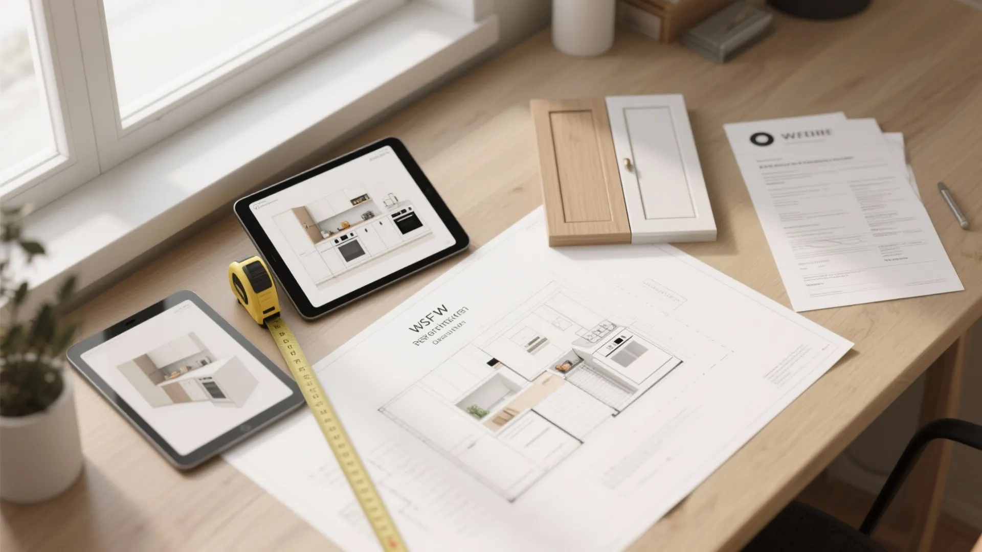 Wooden desk with floor plan drawing tablets showing kitchen designs measuring tape and cabinet samples