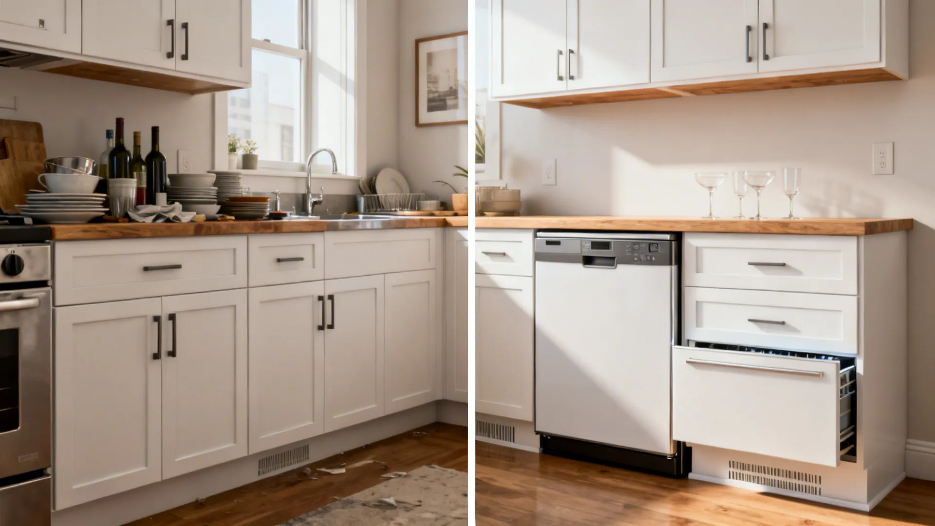Before‑after of a small kitchen showing integrated 18‑inch dishwasher and drawer cooler.
