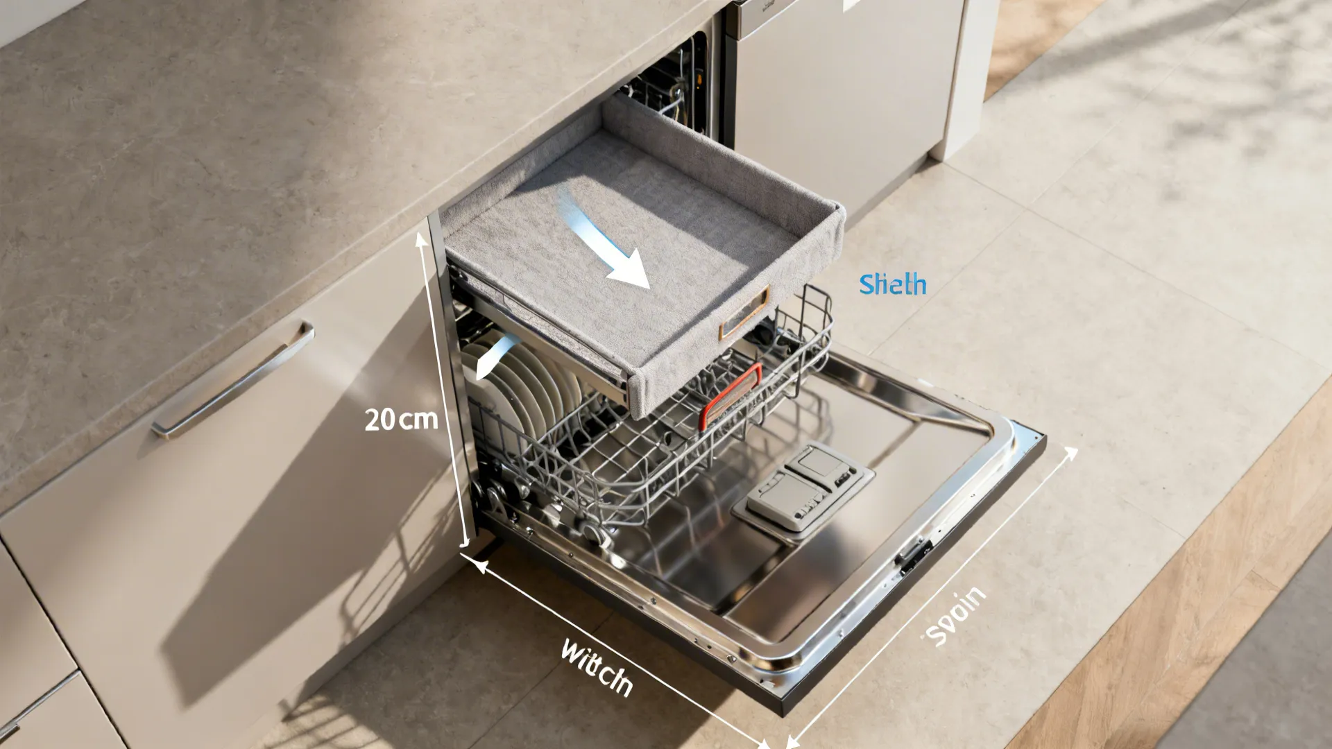 Top-down view of a dishwasher zone with a shallow flip-down shelf for staging dishes.