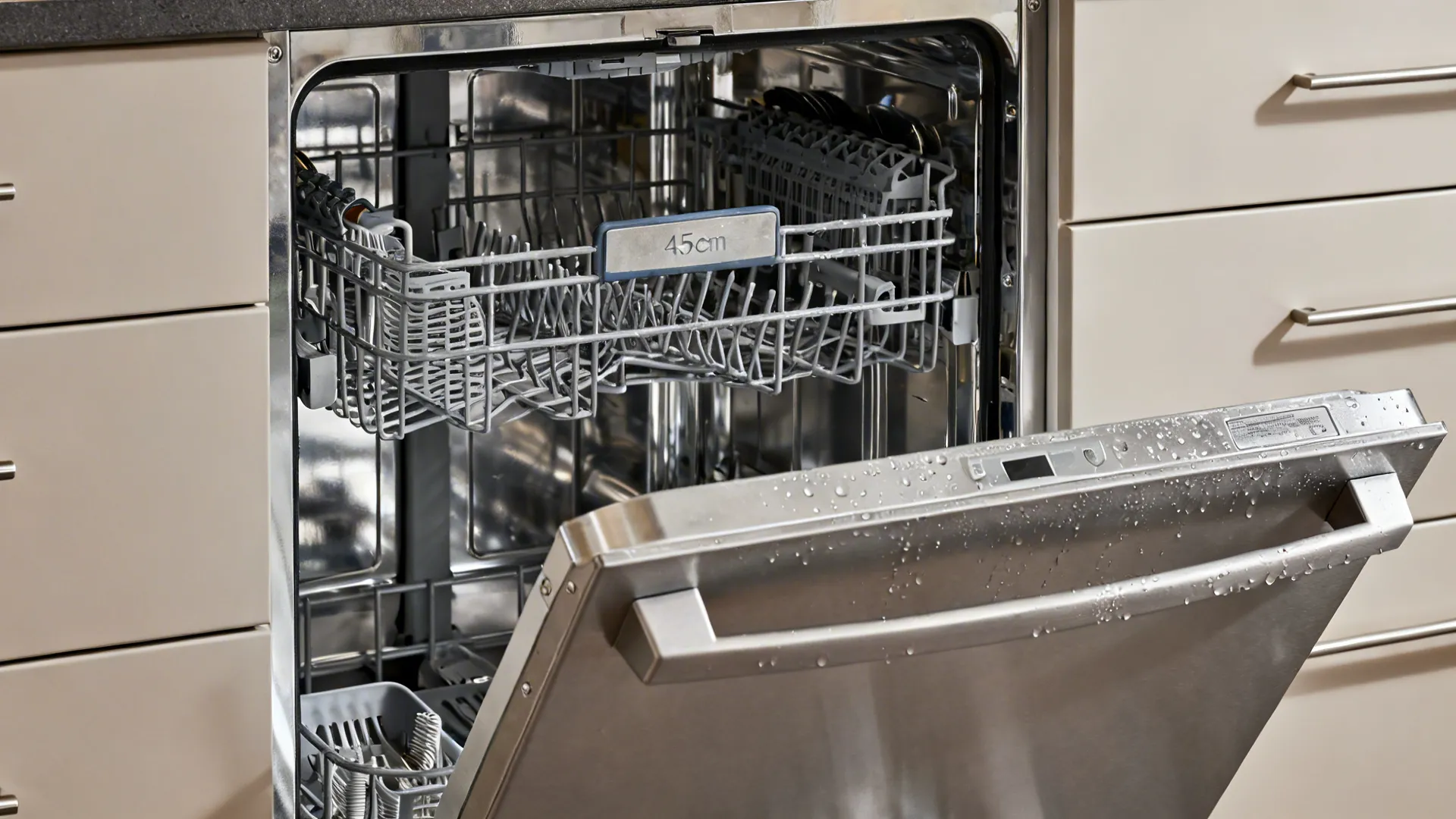 Macro view of a 45 cm dishwasher with a third-rack cutlery tray and stainless interior.
