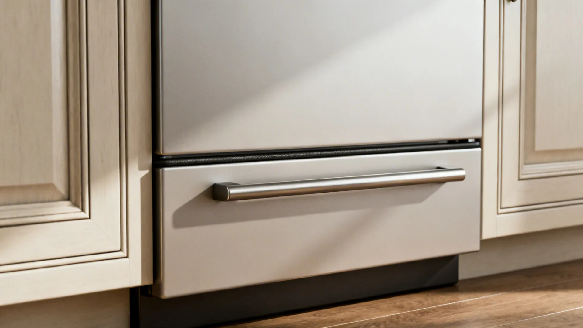 Macro of integrated dishwasher panel alignment and brushed handle in soft light.