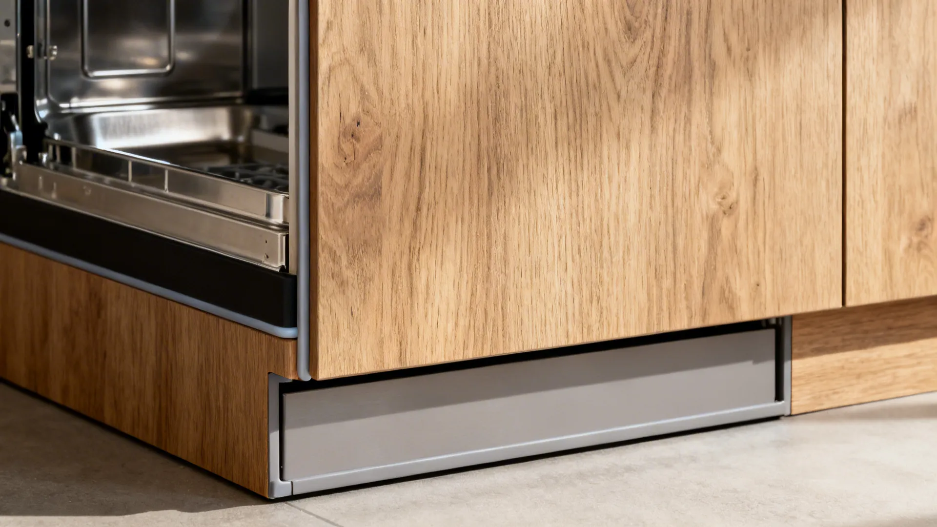 Macro of a 45 cm integrated dishwasher panel with perfect reveals and toe-kick service access.