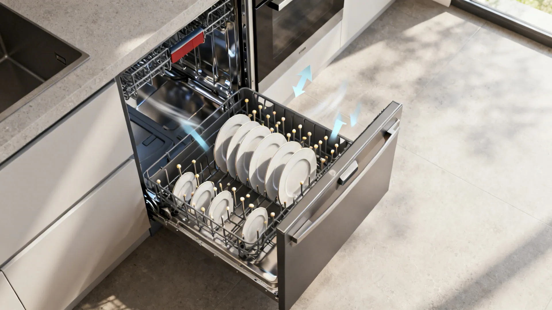 Top-down view showing unload path from dishwasher to adjacent plate drawer with pegs.