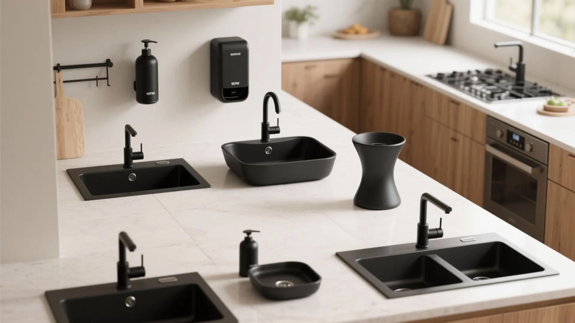 Overview of several small sink setups showing different black dispenser solutions: mounted, integrated, hidden refill, sculptural, and combo pump.
