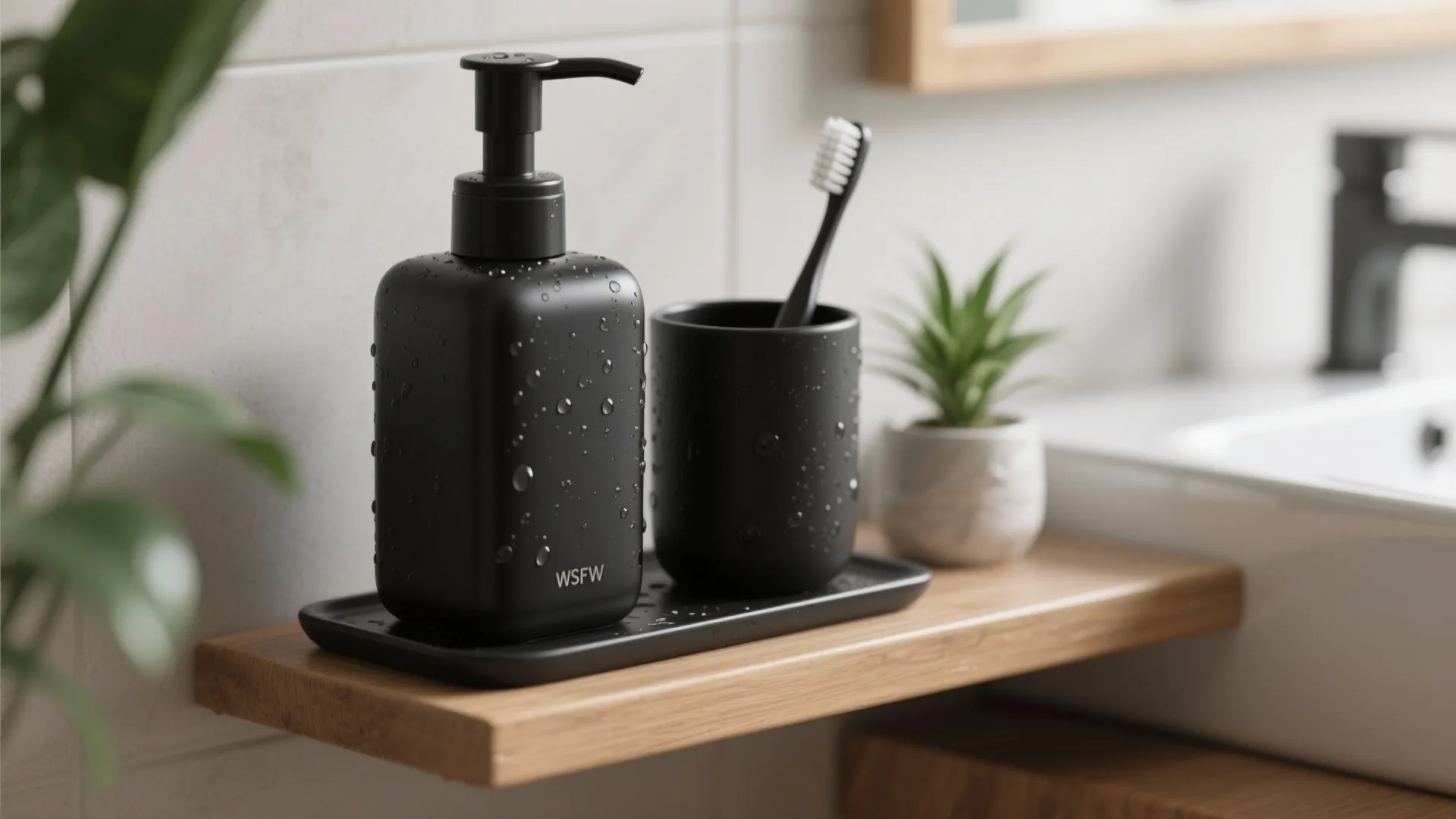 Close-up of matte black soap dispenser and toothbrush cup on a wooden floating shelf with a small plant