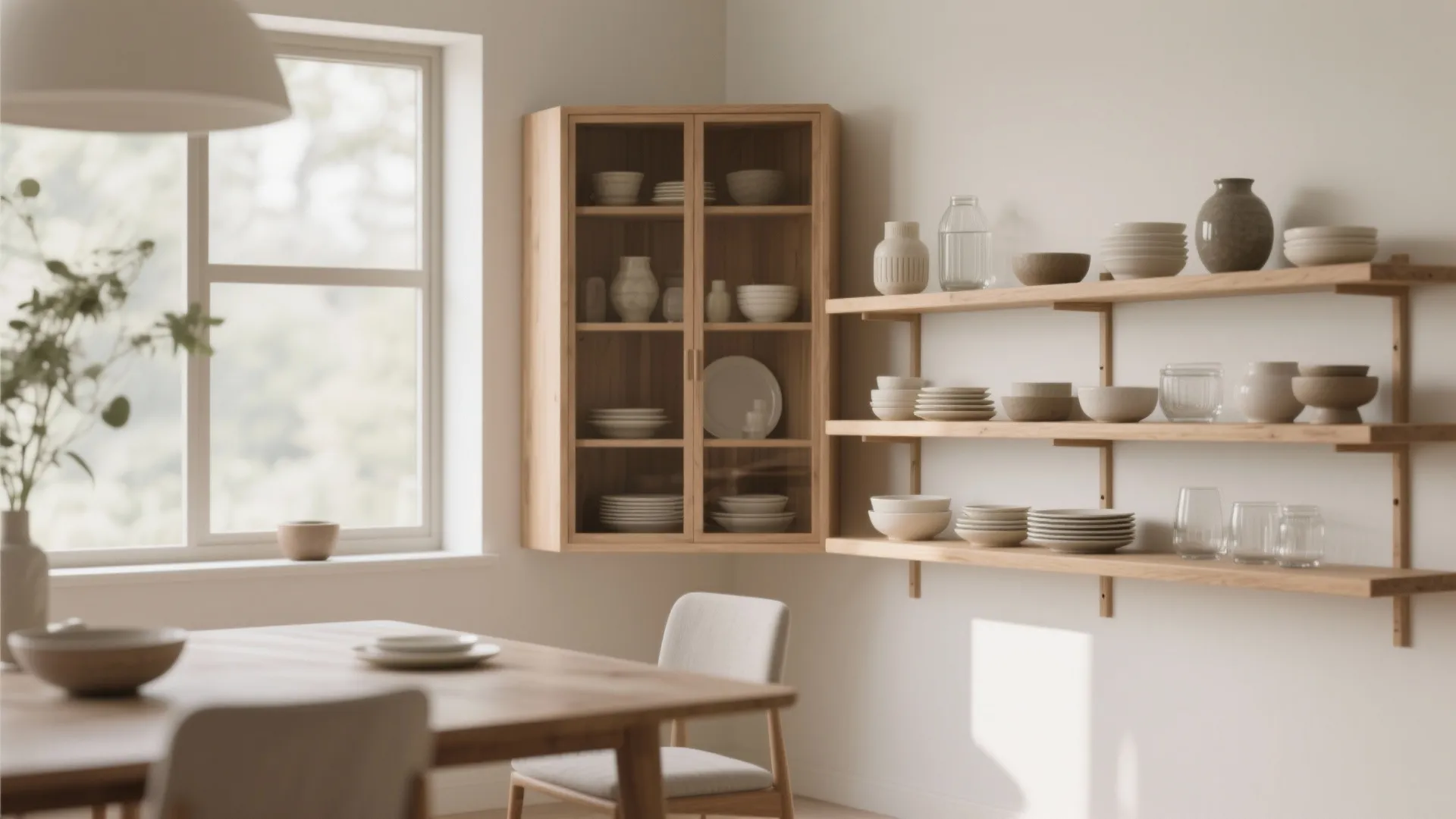 Wooden wall cabinet with glass doors next to open shelves filled with ceramic kitchen bowls