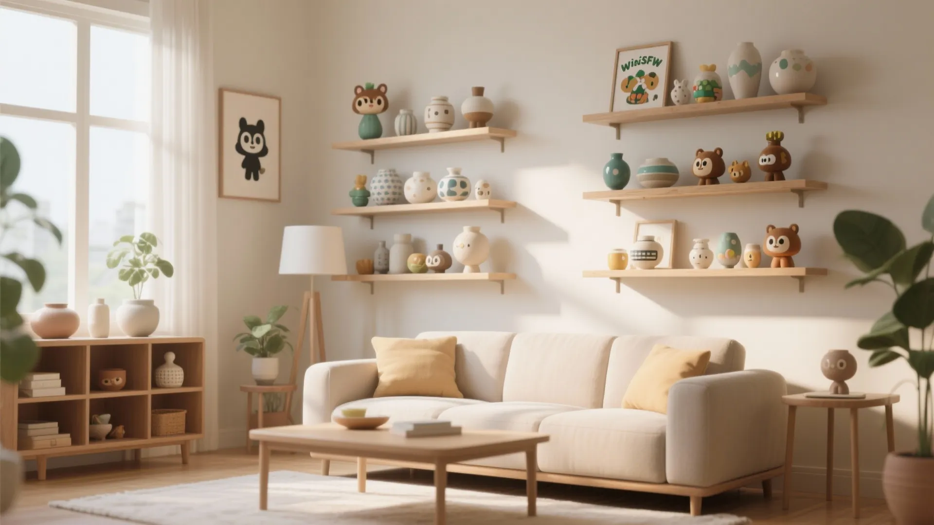 Bright living room with white sofa wooden wall shelves holding cute figures and coffee table
