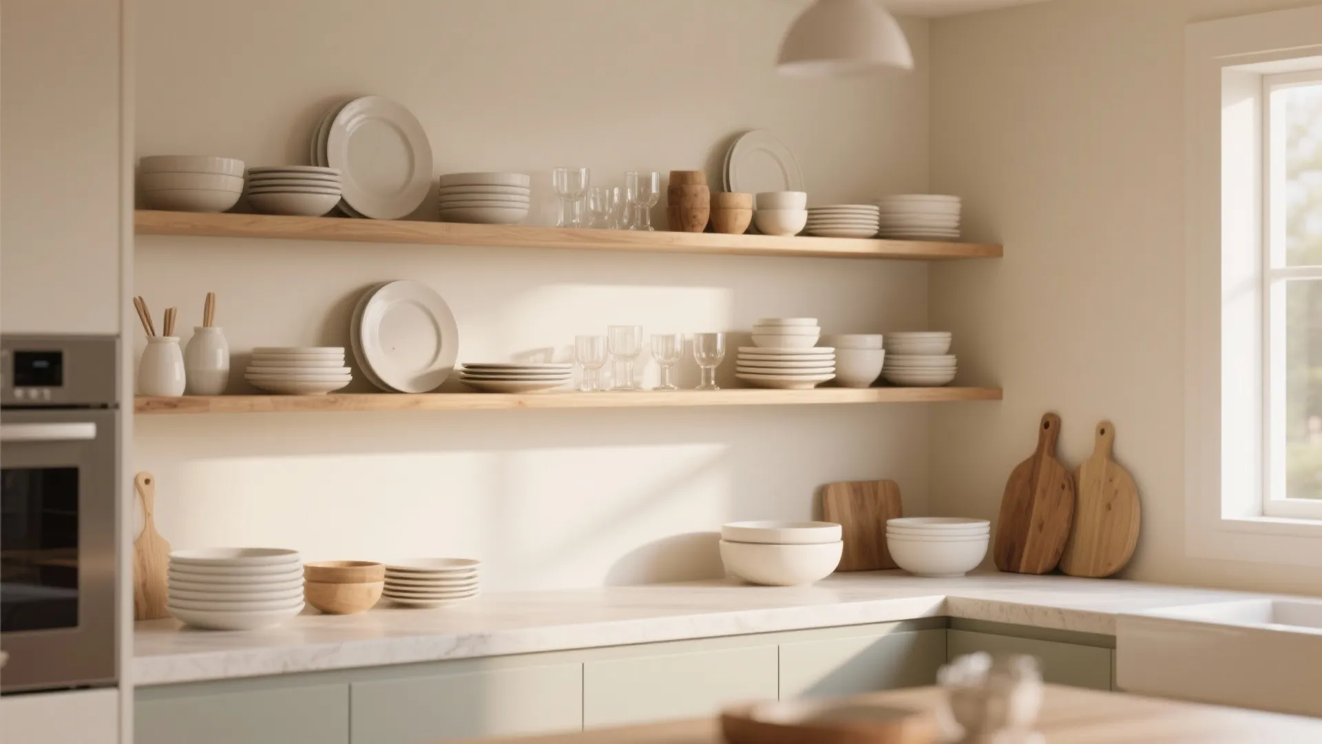 Modern kitchen with open wood shelves holding white plates glasses bowls and wooden cutting boards