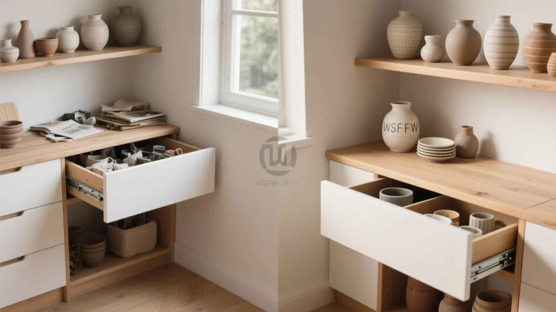 5. Corner display + hidden storage combo