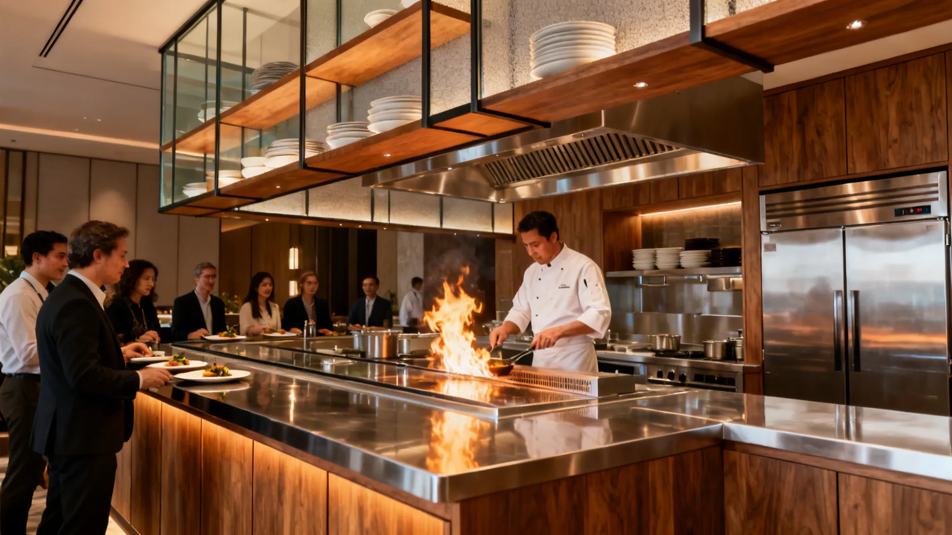 Professional chef cooking with a large flame at a stainless steel kitchen counter with guests