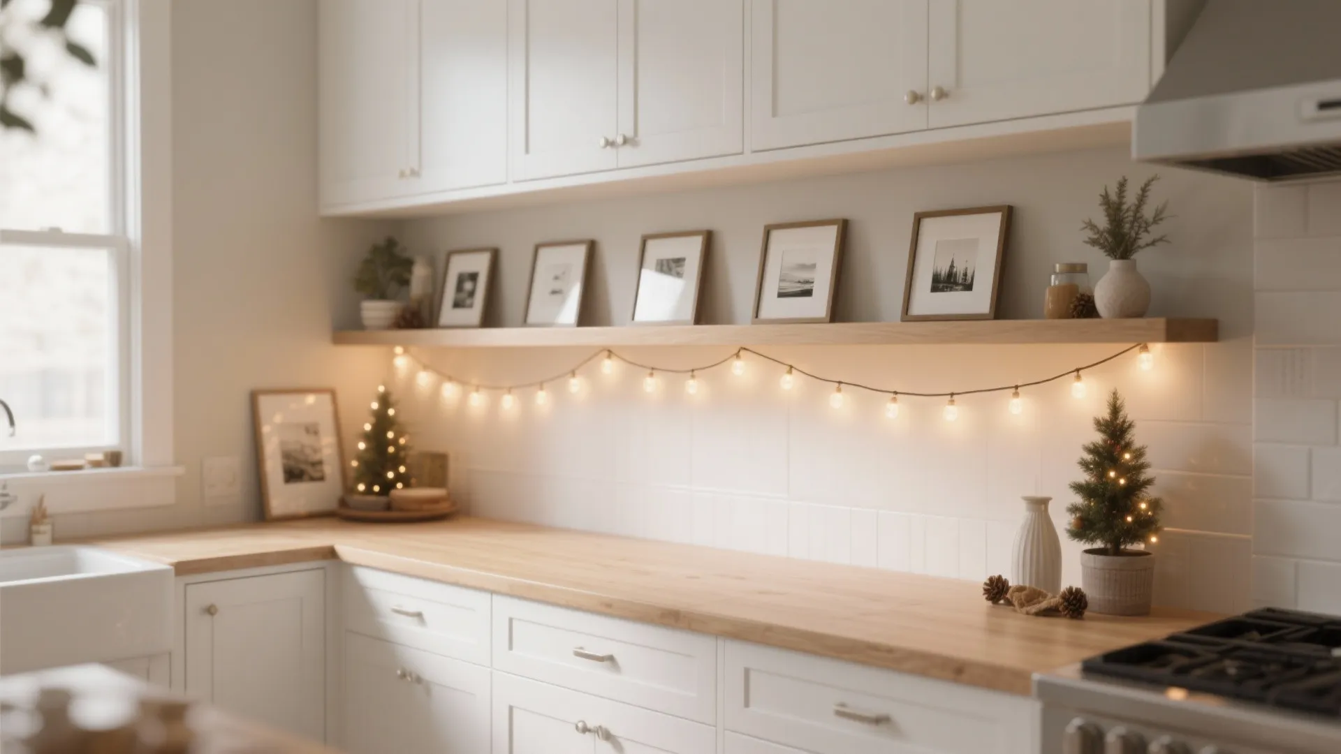 Open display ledge above cabinets with framed prints and a string of warm LED lights.