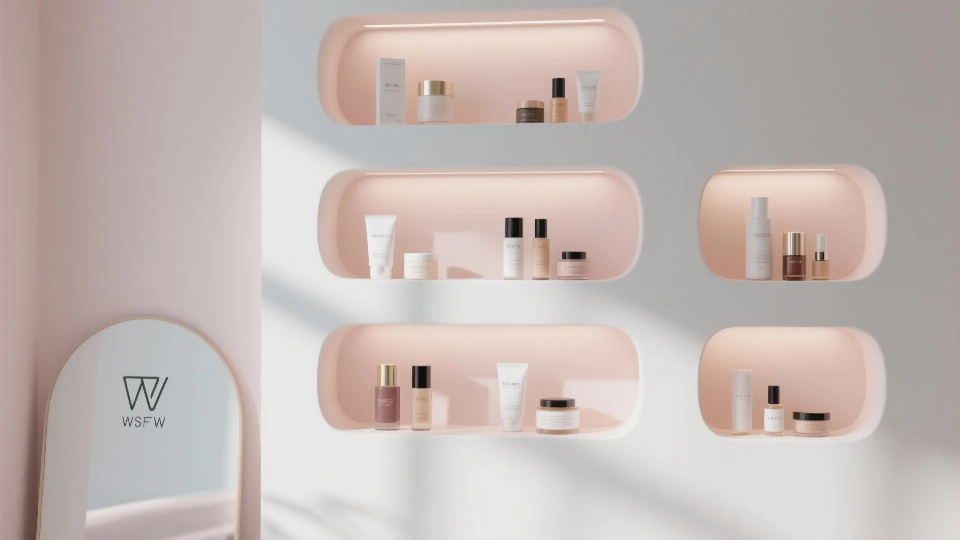Modern pink wall with five oval display shelves holding various skincare products and makeup items