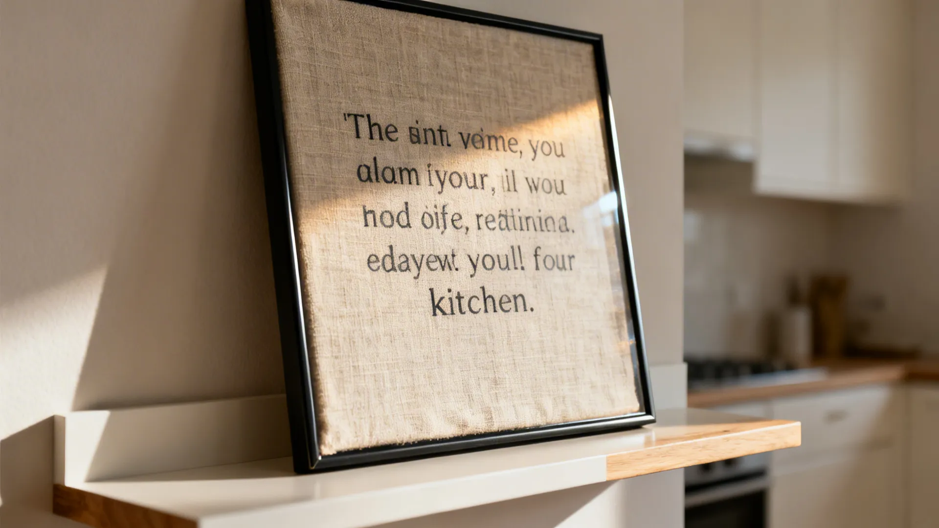 Close-up of a framed linen art print with a witty kitchen quote on a floating shelf.