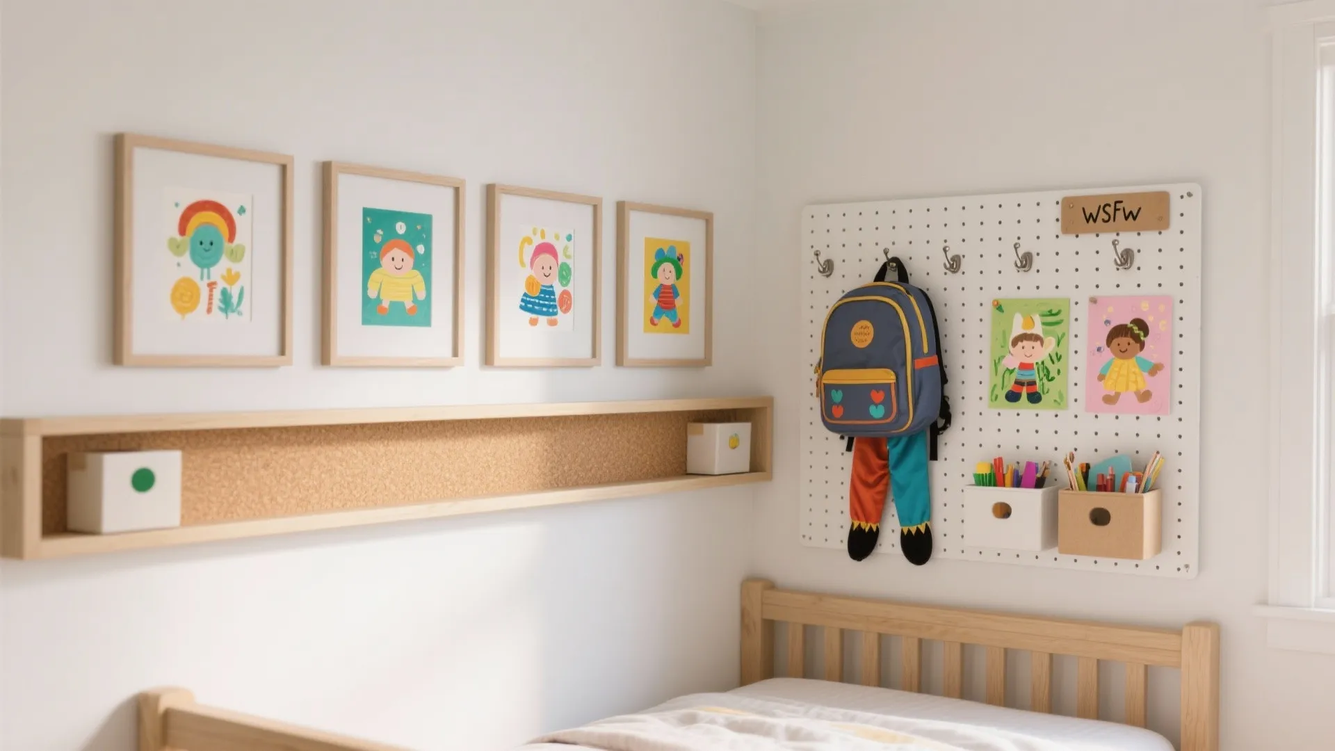 Flexible display zones: gallery rail, cork strip, and pegboard