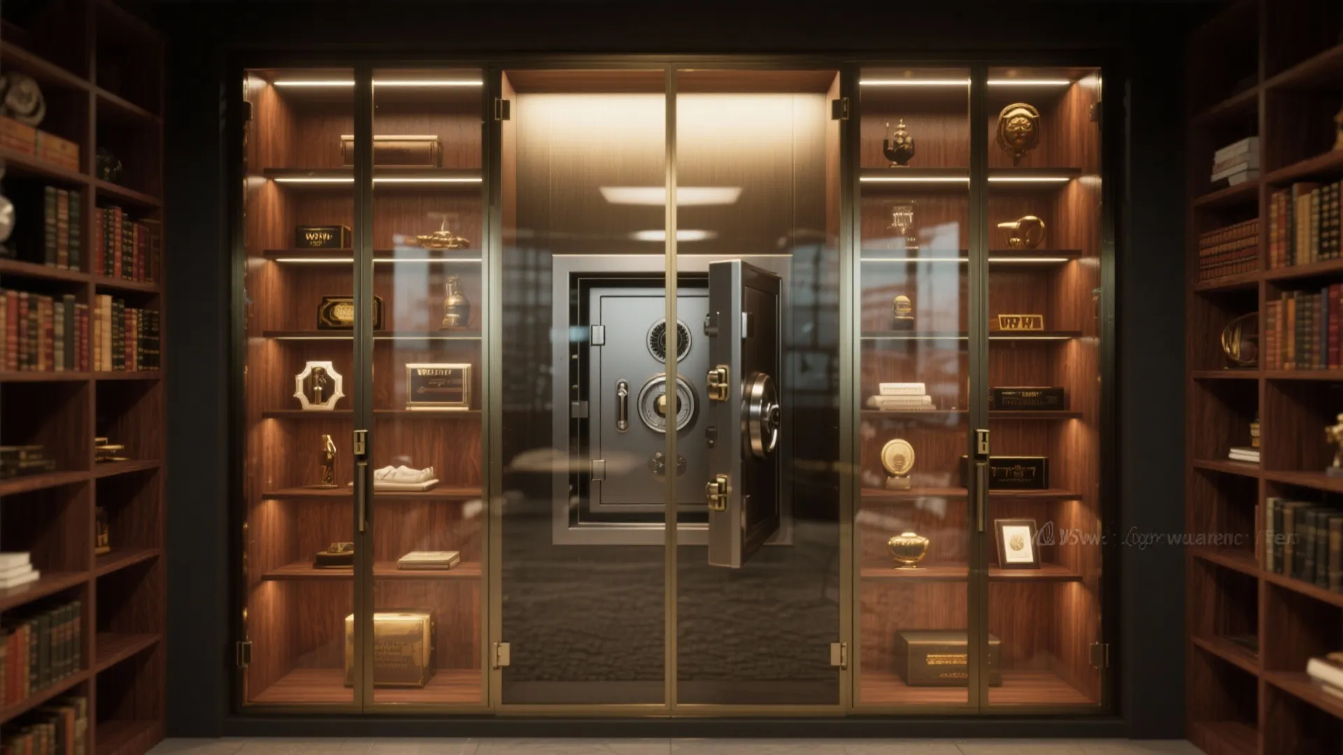 Luxury home office with metal safe inside glass cabinet surrounded by lighted bookshelves and wood