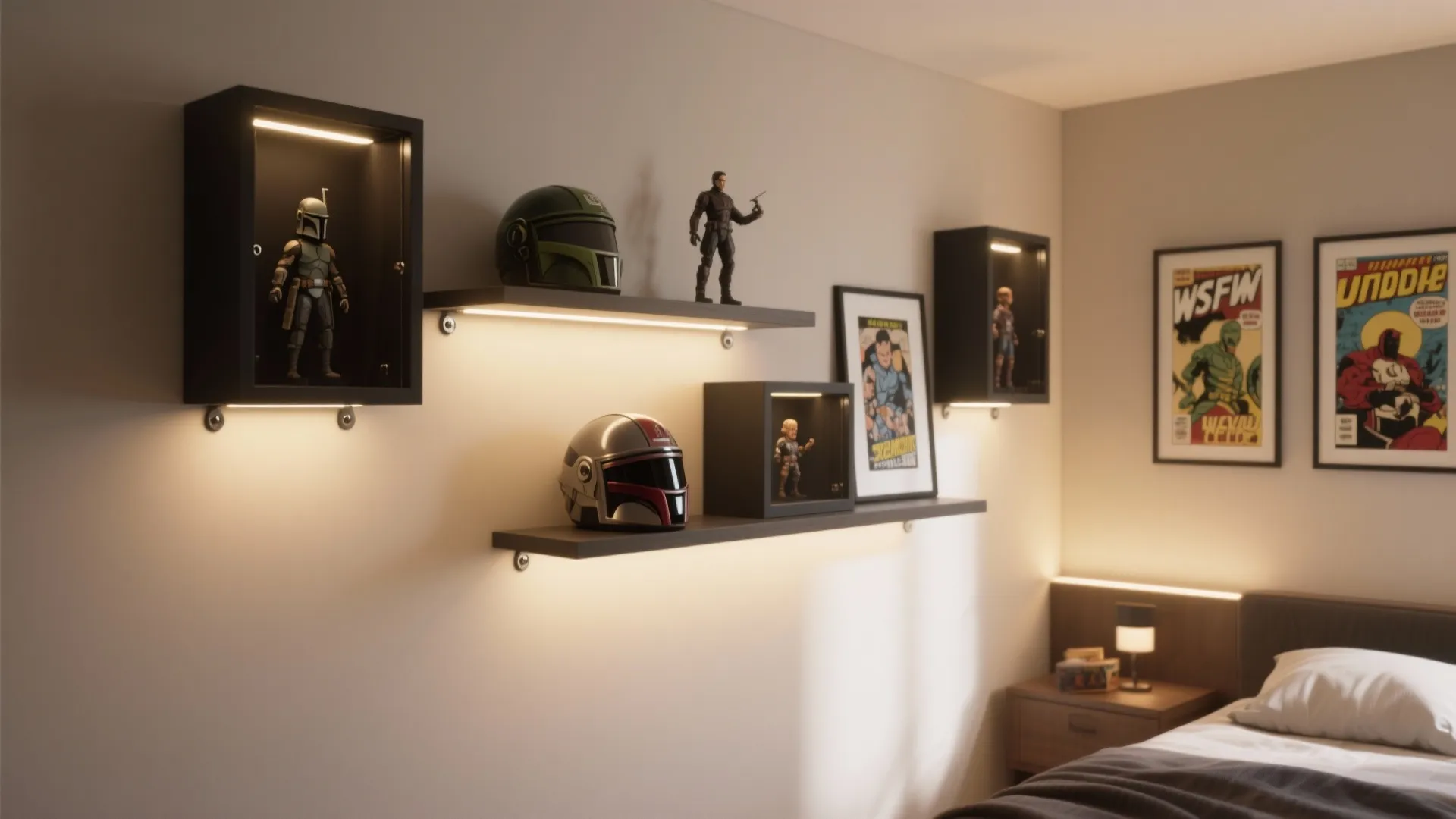 Bedroom wall featuring floating shelves with built in lights displaying action figures and collectible helmets