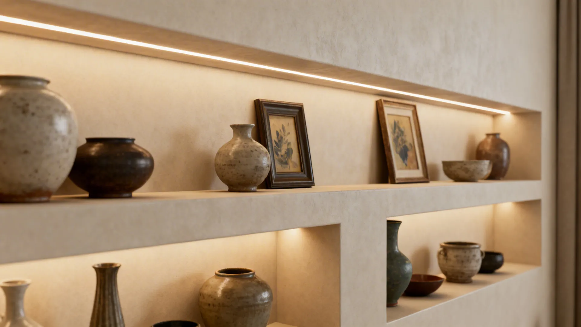 Slim display niches with integrated LED strips showcasing ceramics and small art pieces.