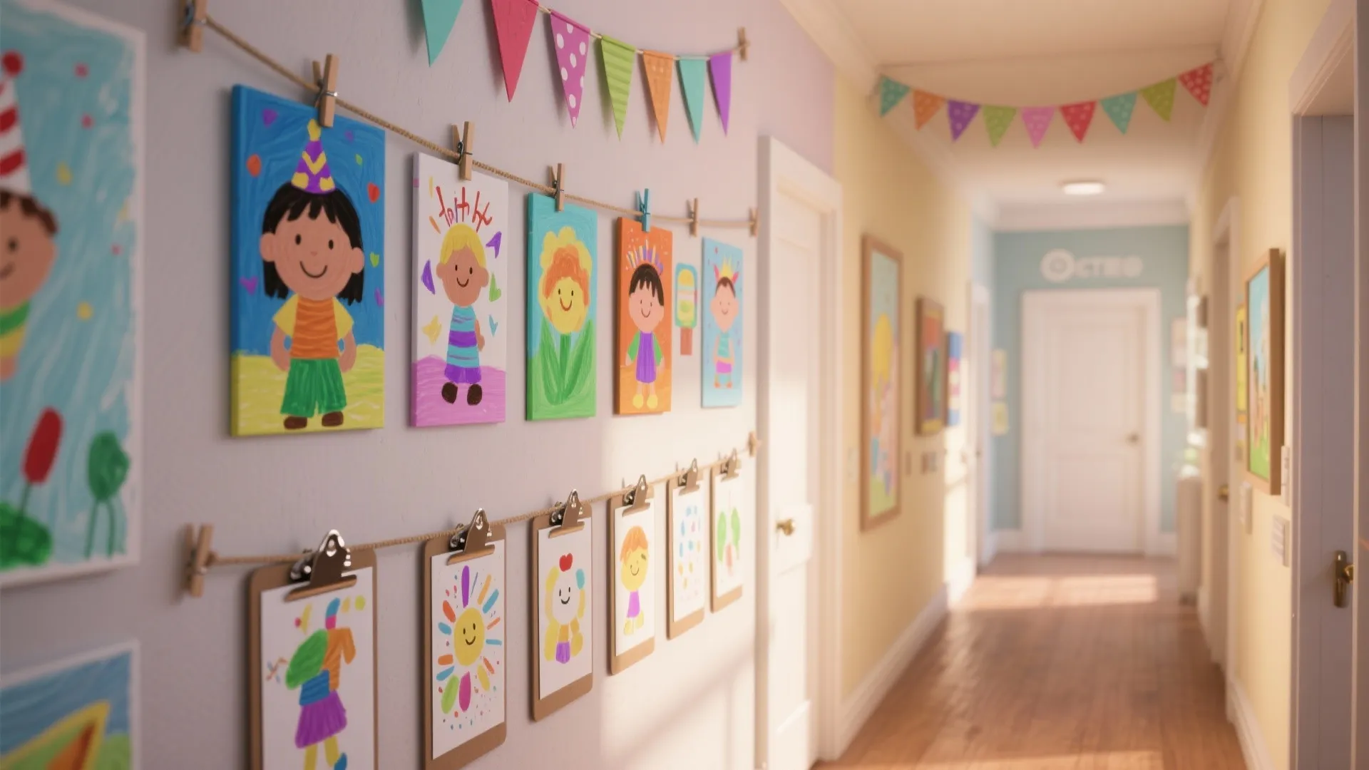 Long hallway with many colorful children's drawings hanging on the walls and colorful party banners