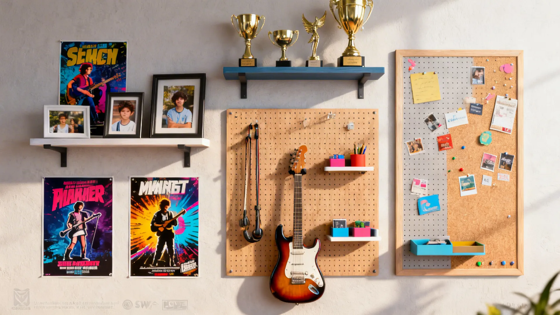 Decorated wall with white shelves trophies music posters pegboard holding a guitar and a corkboard