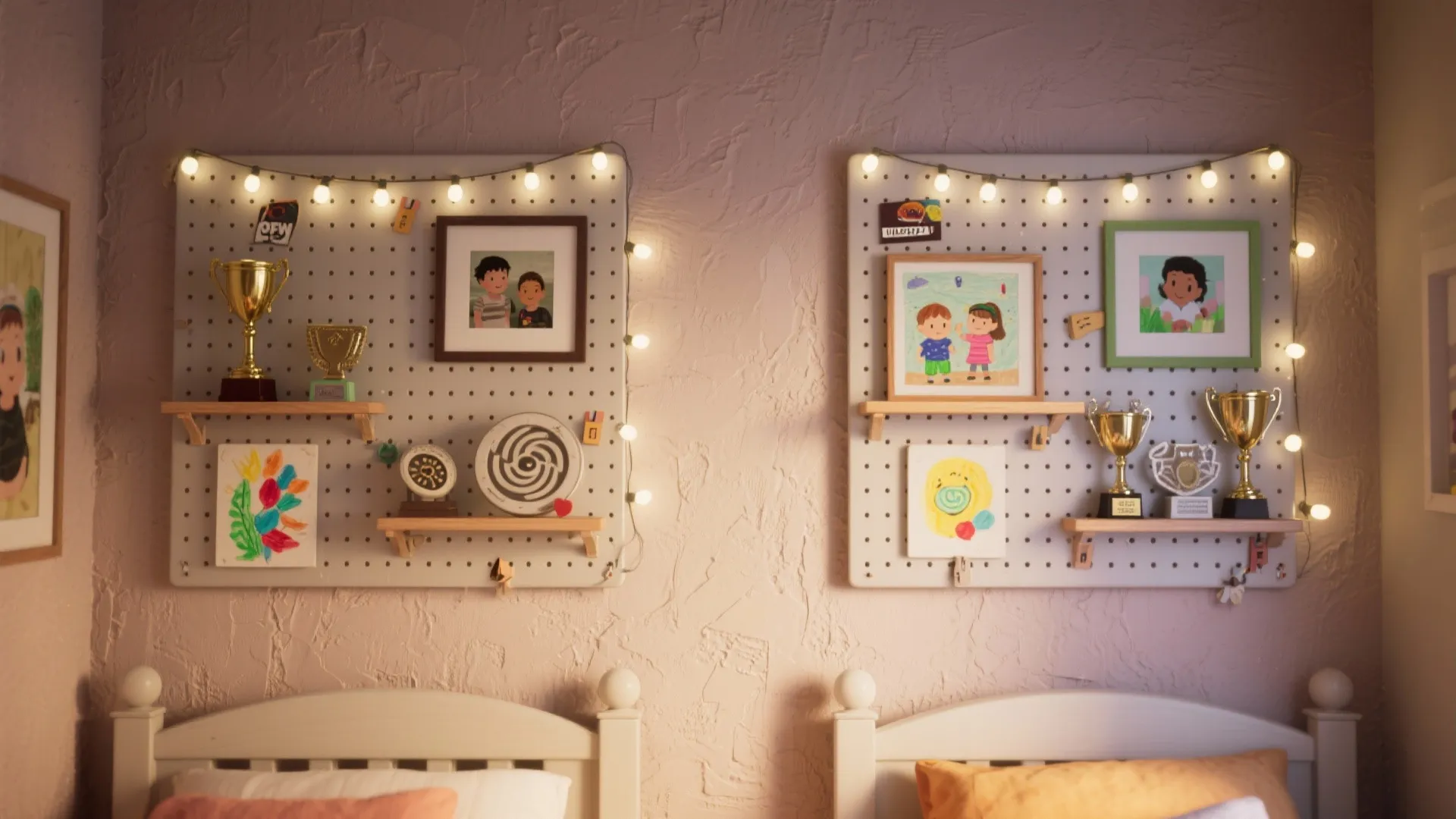 Two white pegboards with small lights showing kids drawings and gold trophies on pink wall