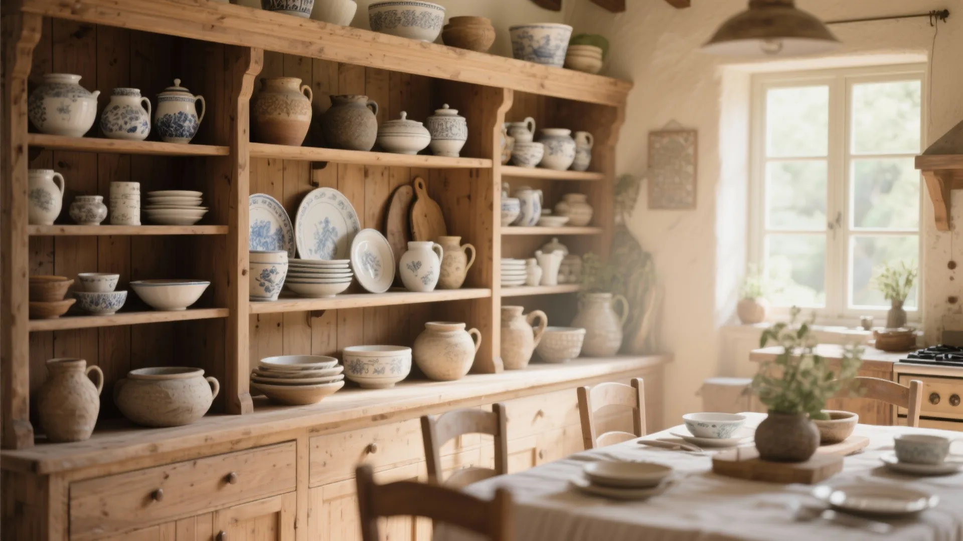 Rustic wooden cabinet filled with white and blue ceramic plates bowls and jars in kitchen