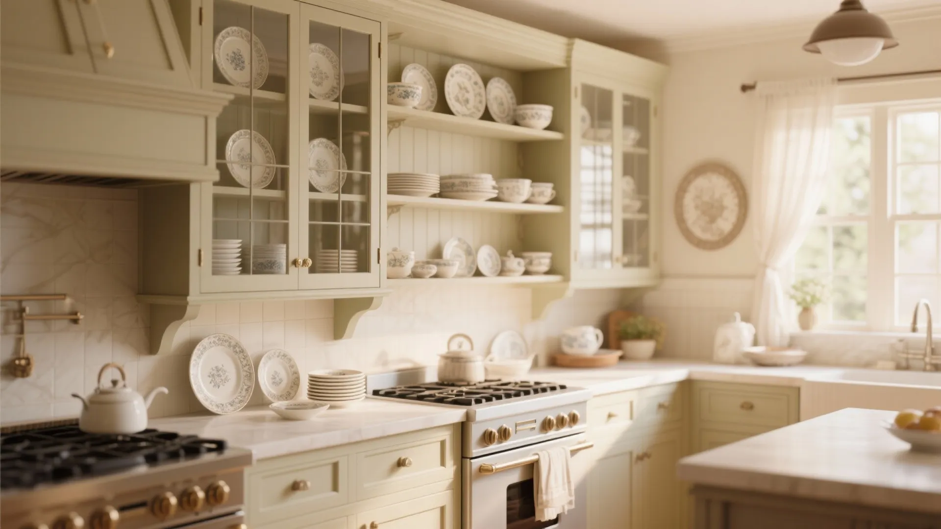 Open kitchen shelving with displayed elegant dishware