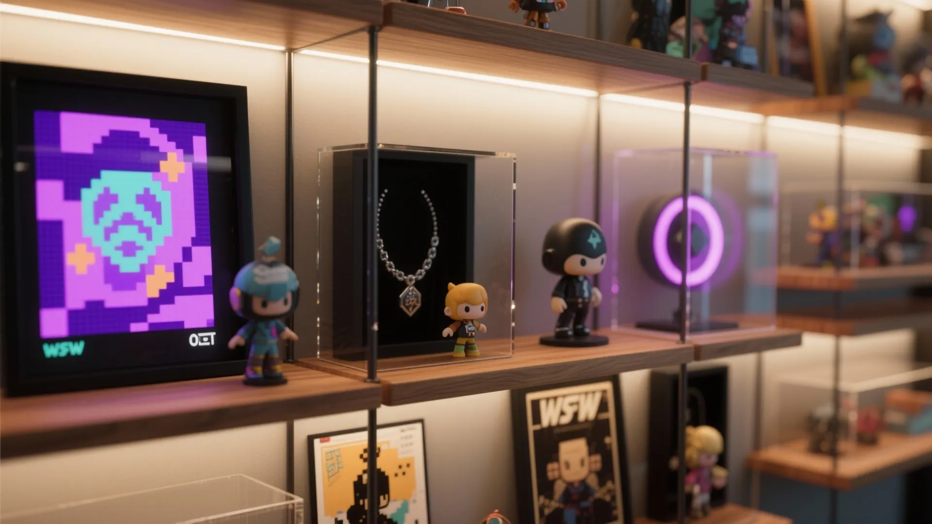 Wooden wall shelves displaying toy figures and art pieces with built-in warm light fixture strips