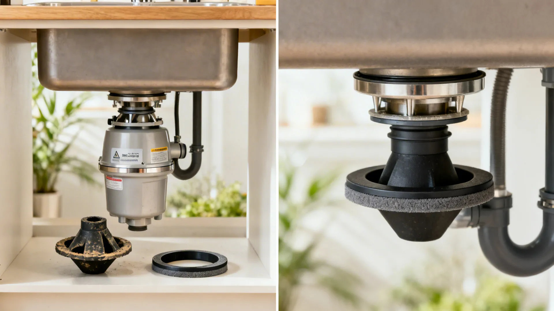Before-and-after under-sink disposal showing worn vs. upgraded quiet, stable installation.