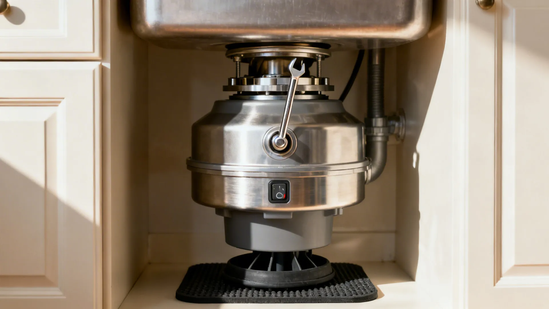 Macro under-sink view of a disposal with a hex key in the flywheel and reset button visible.