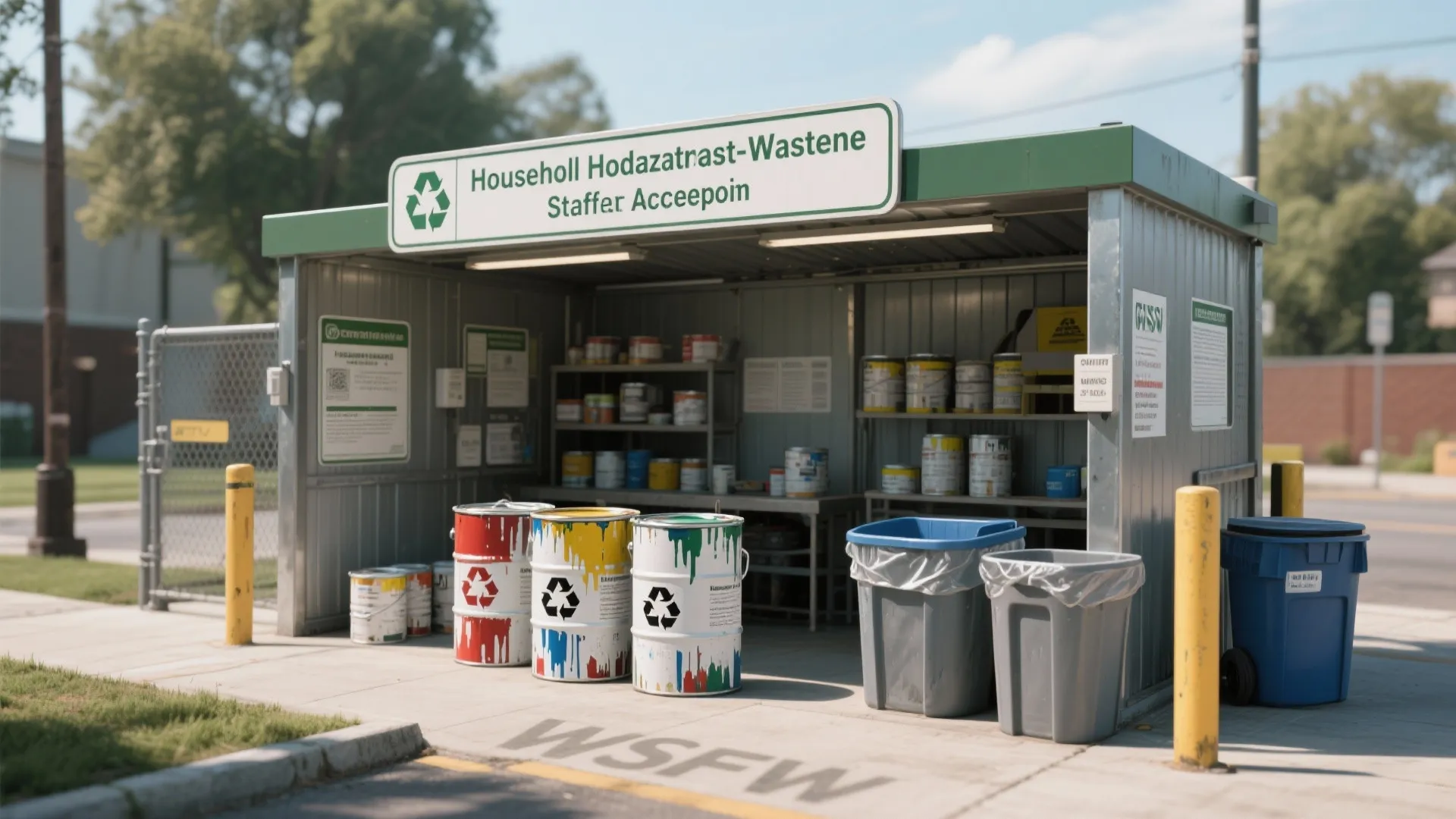 Outdoor recycling station for household waste featuring organized paint cans and large plastic disposal bins