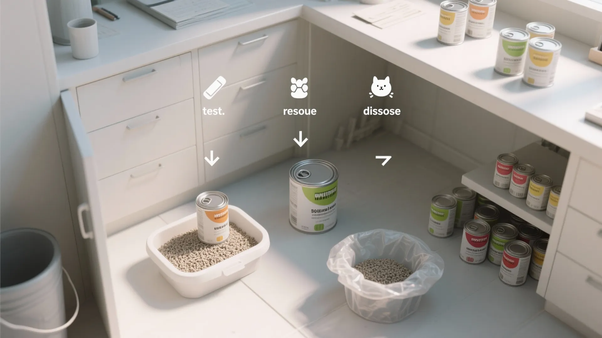Top-down view of paint-drying steps with kitty litter, disposal containers, and sample-size cans for smart buying.