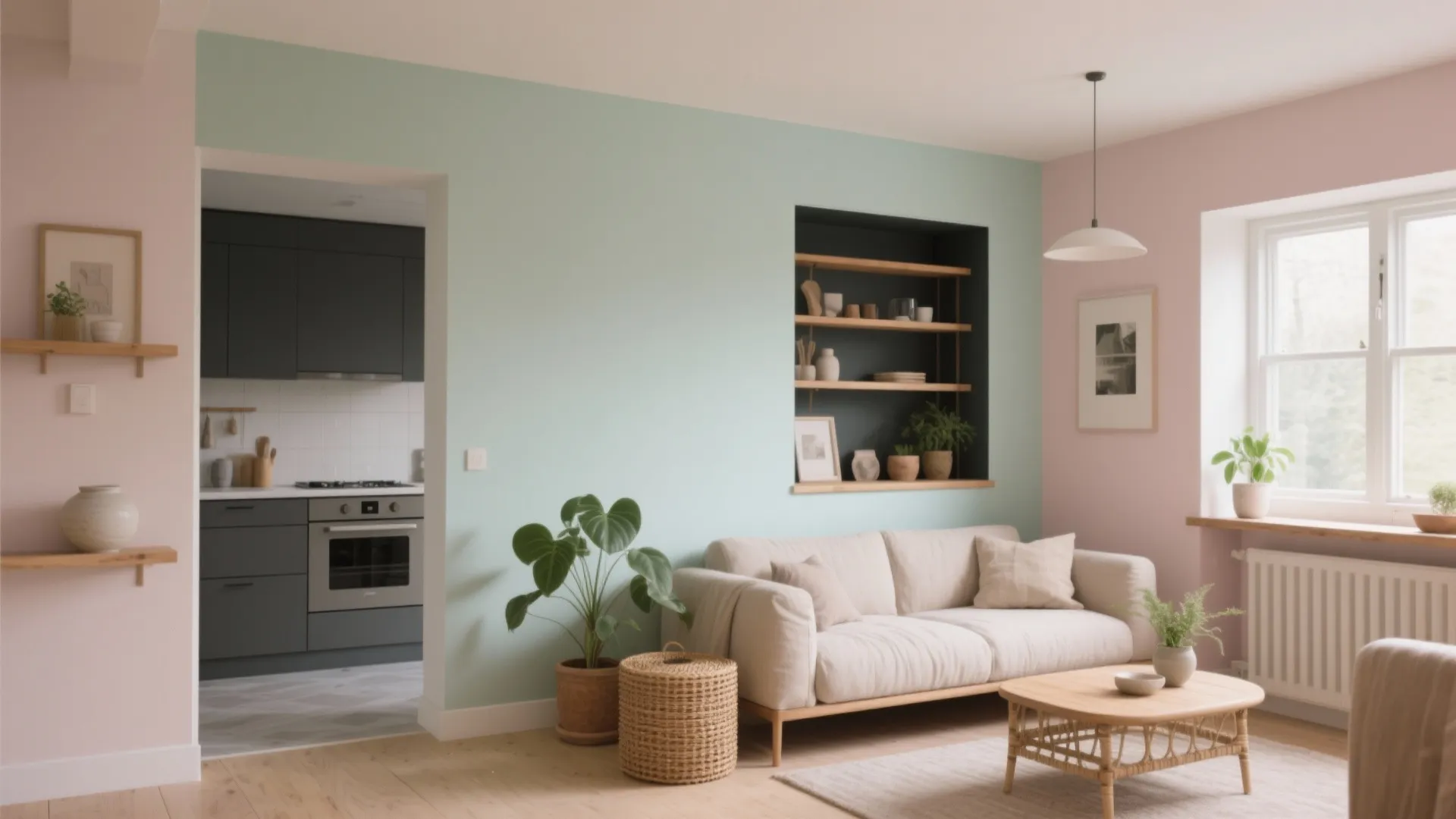 Modern apartment interior showing light green and pink walls with a white sofa and kitchen