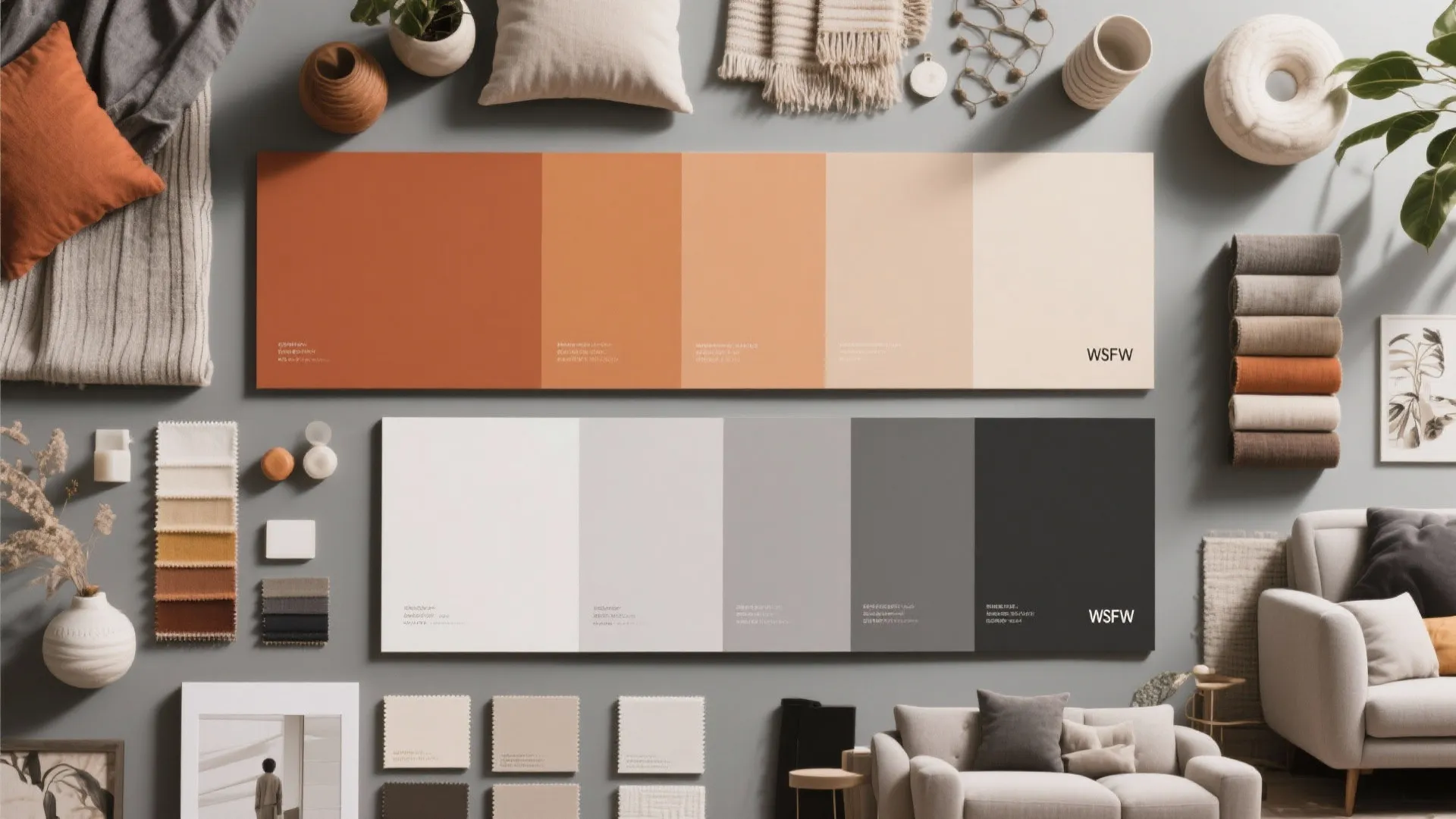 Flat lay of warm earthy and cool neutral color palettes for two rooms