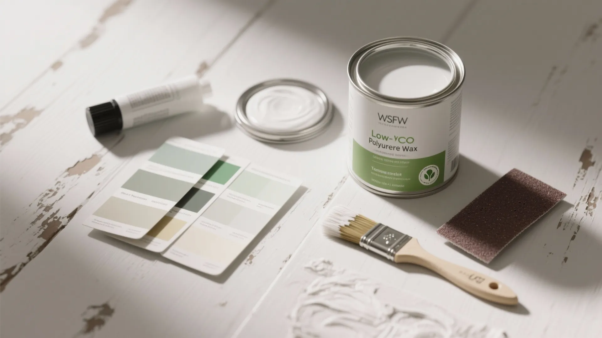 Flatlay of low-VOC paints, wax, and tools for distressed white finishes