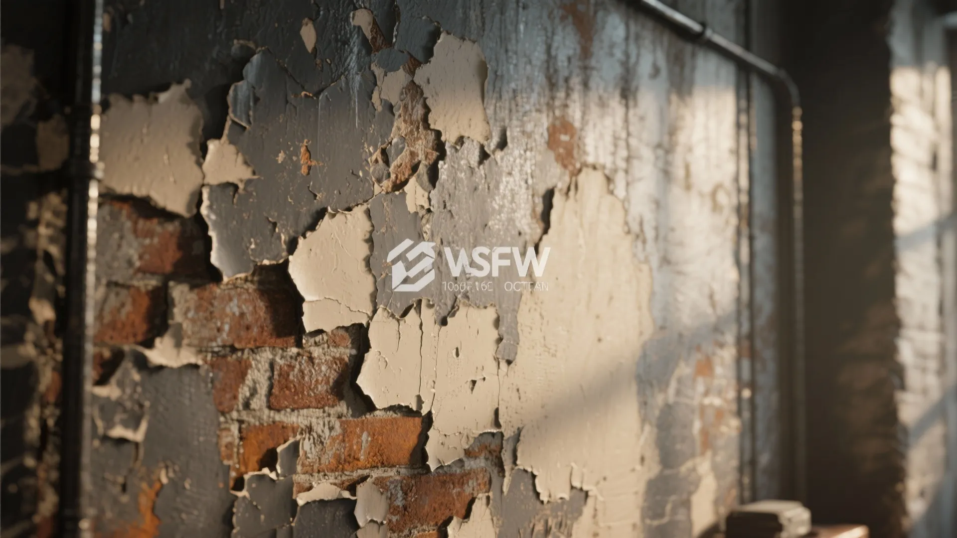 Distressed dark blue wall with peeling paint showing red bricks underneath in a sunlit room