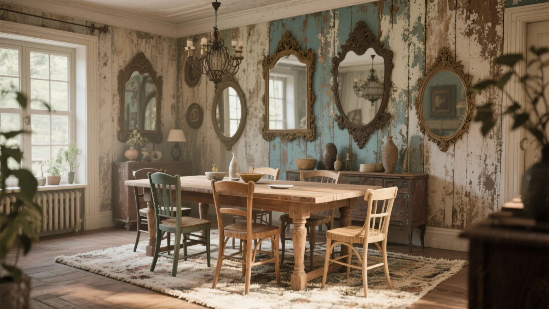 Rustic dining room with wooden table, mismatched chairs, blue distressed wall, ceiling light, and mirrors