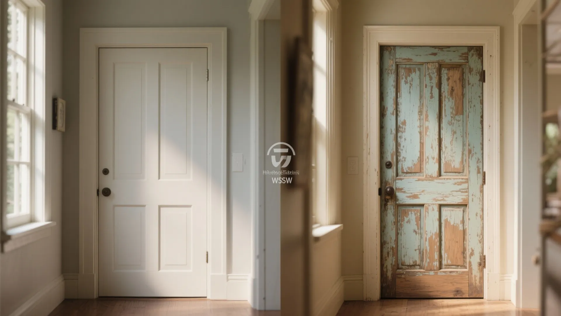 Before and after comparison of a door transformed with an antiqued distressed finish showing layered glaze and sanding highlights.