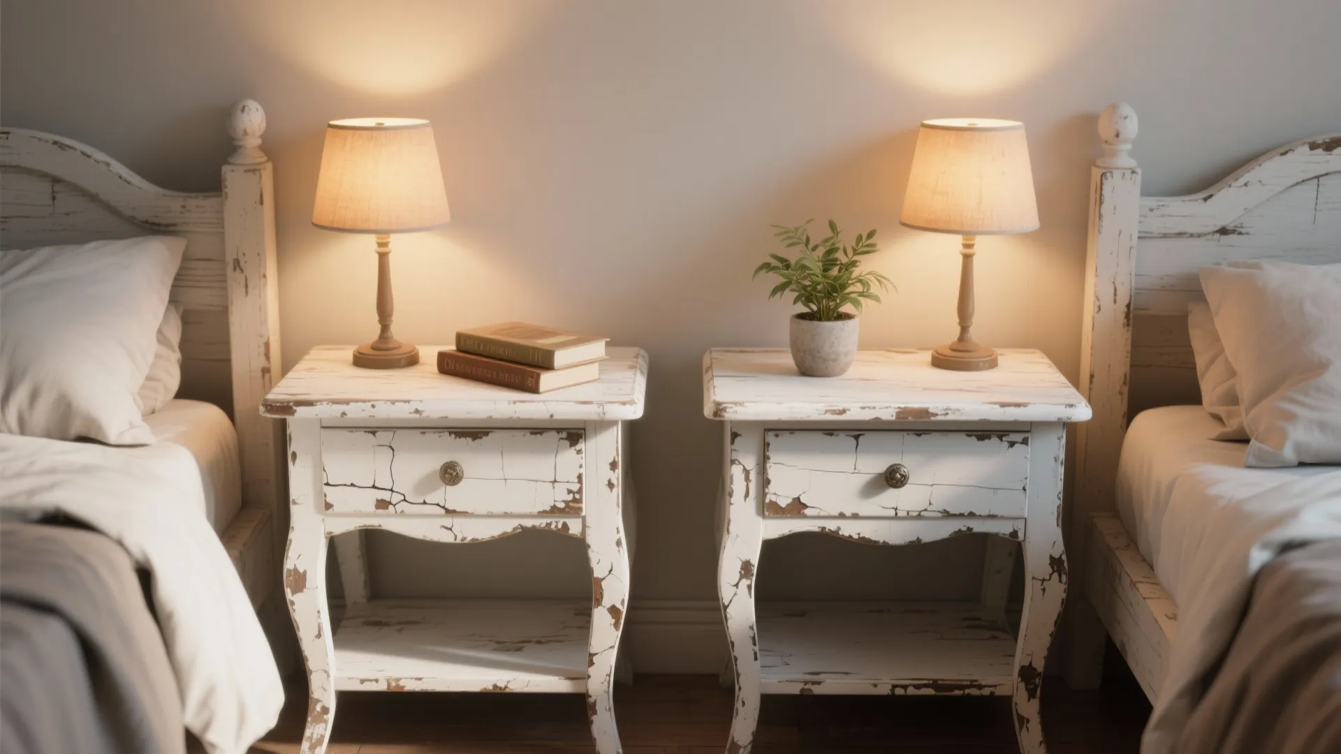 2. Distressed bedside tables for layered texture