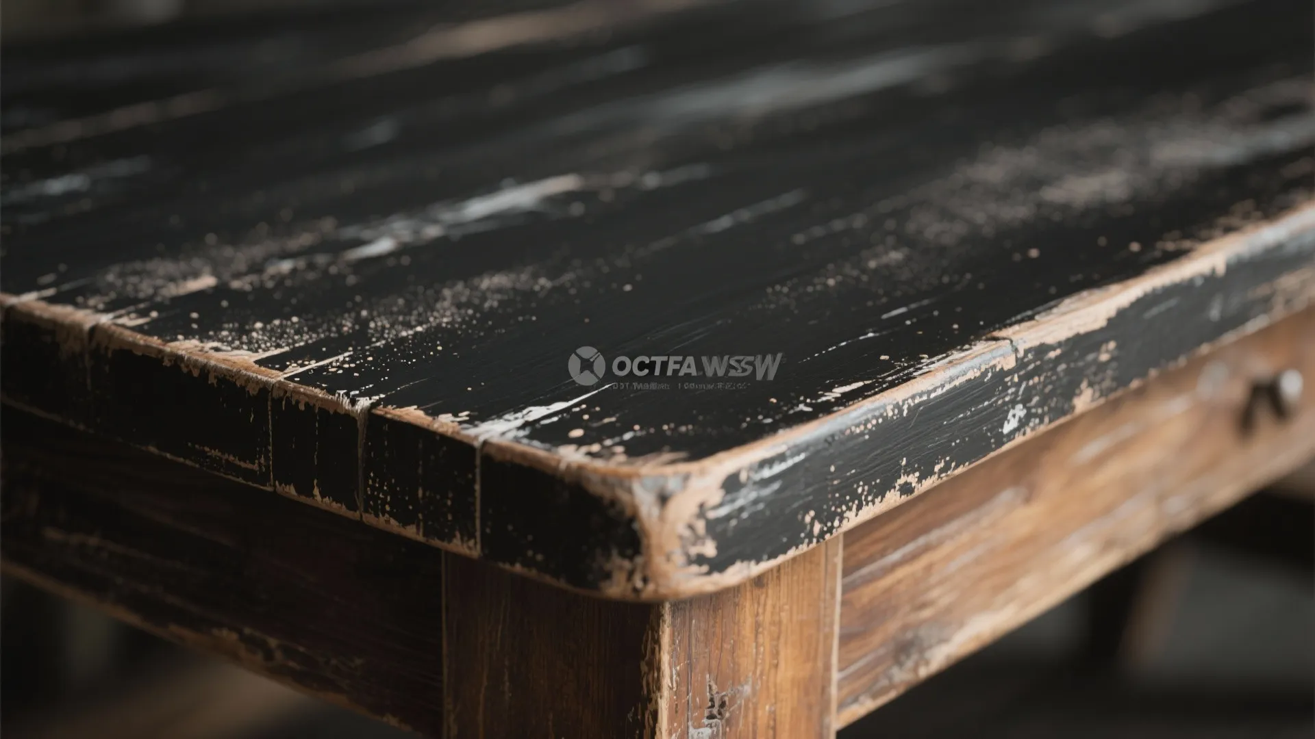 Close up of a dark vintage wood table top with distressed black paint and texture