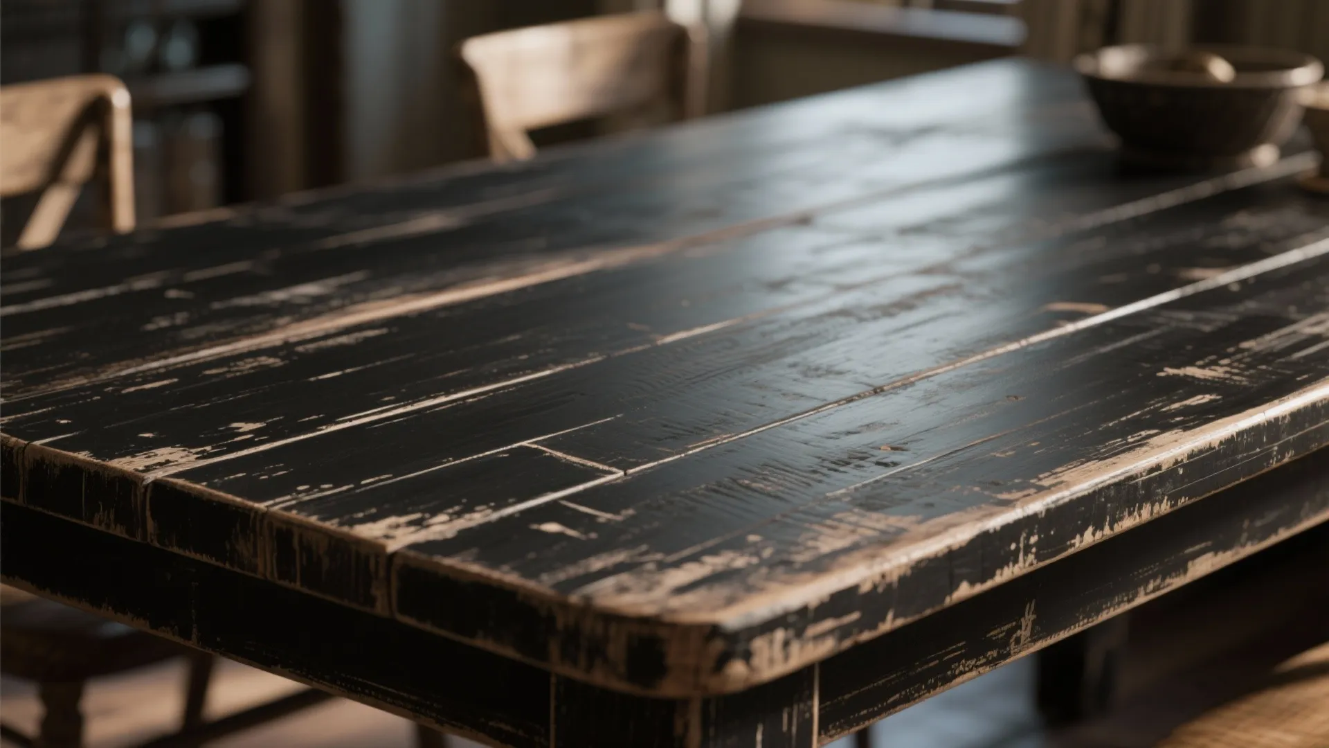 2. Distressed Black Farmhouse Table