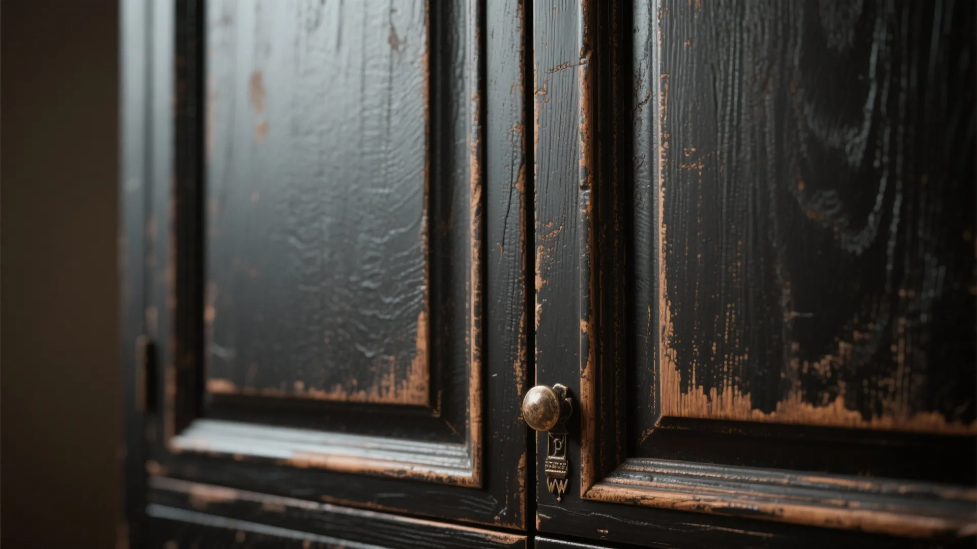 Close-up of distressed black cabinet edge showing rubbed finish and wood grain.