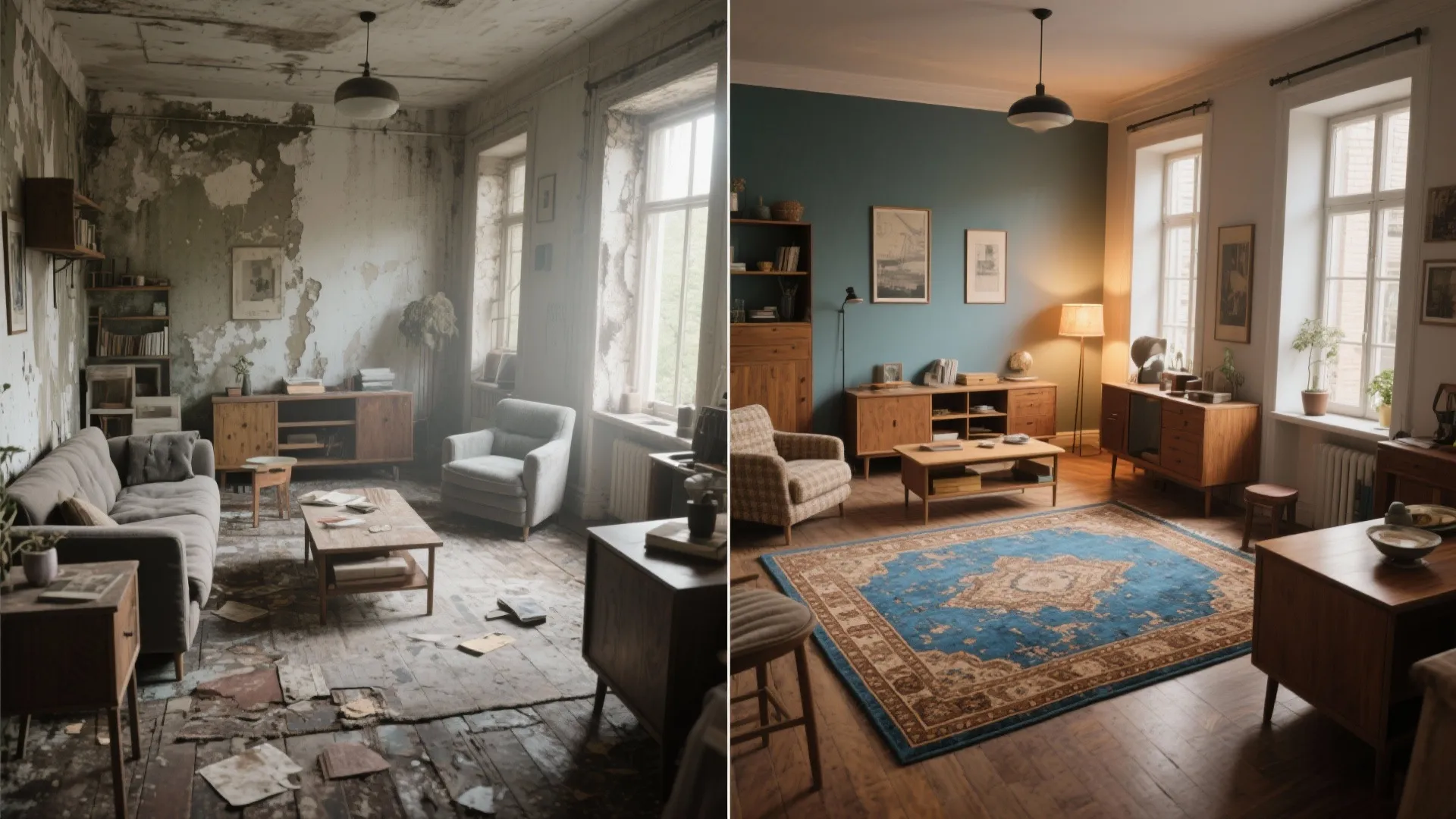Before-and-after of a living area transformed by a distressed blue rug with tan borders and mixed wood furniture.