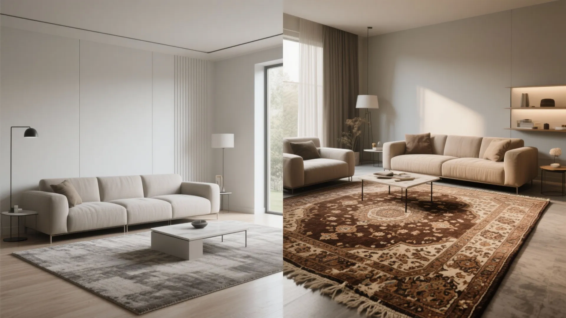 Before and after comparison showing a simple grey rug versus a large patterned brown rug