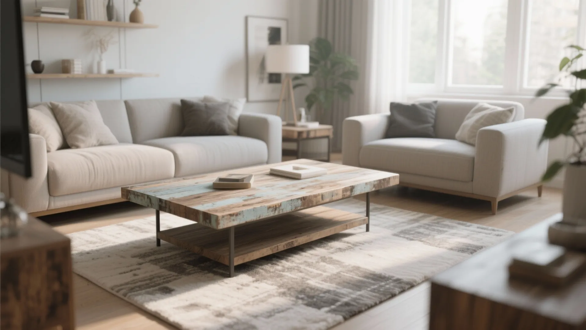 Modern sofa with distressed wood coffee table in living room