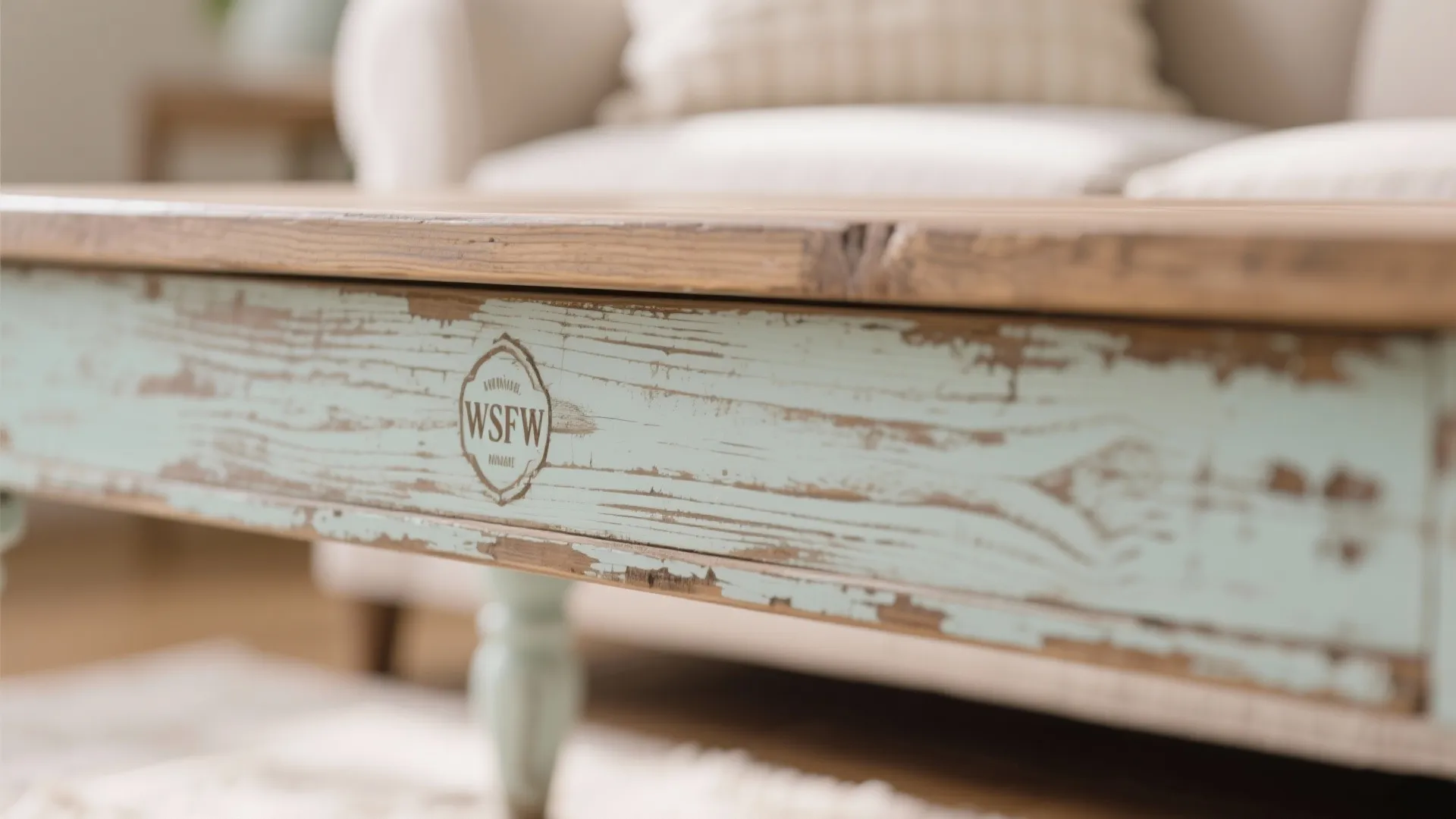 Macro shot of distressed wood coffee table with pastel decor accents