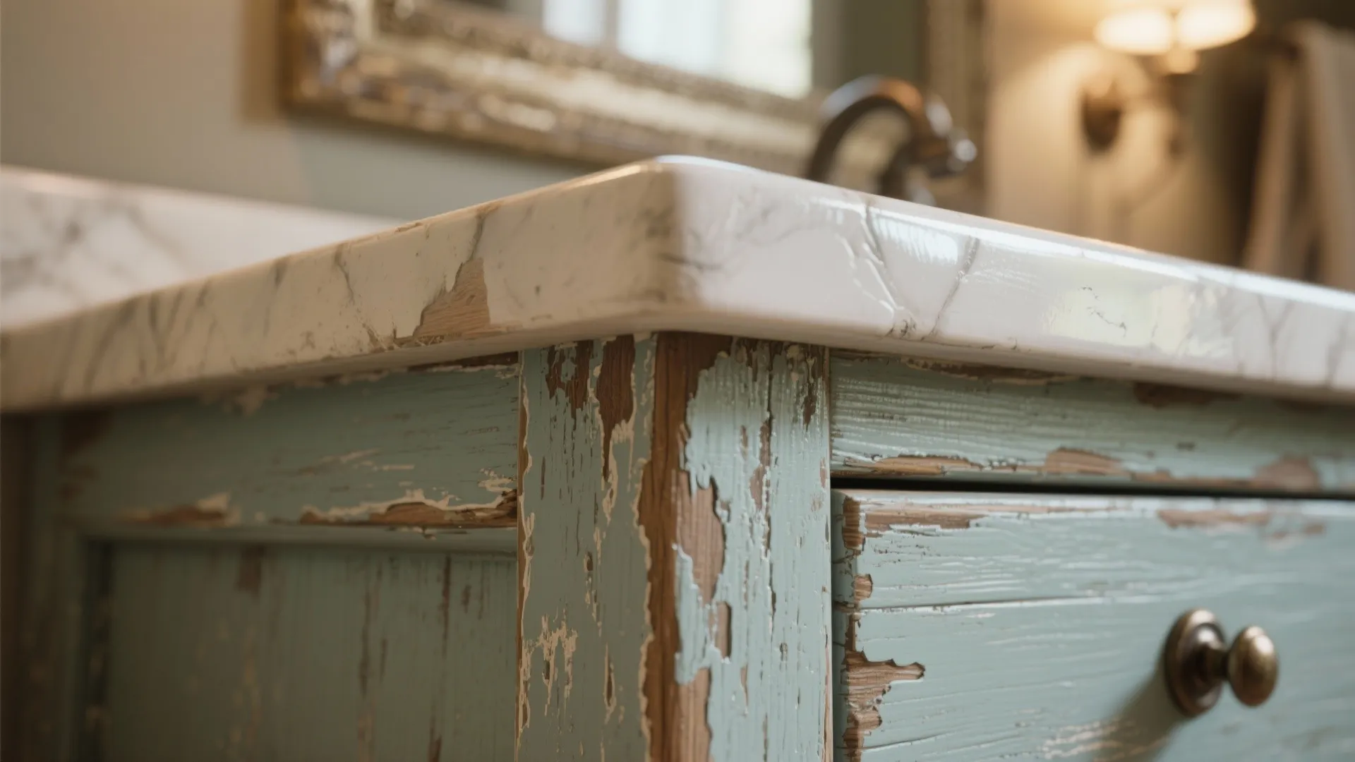 Close up of a marble countertop on a blue wooden cabinet with peeling old paint