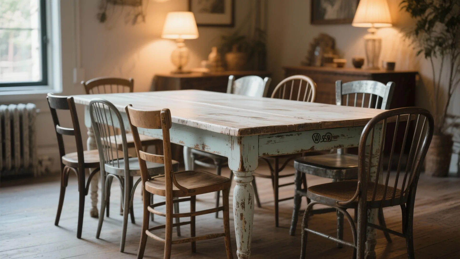 Rustic wooden dining table with light blue paint surrounded by different chairs in warm room