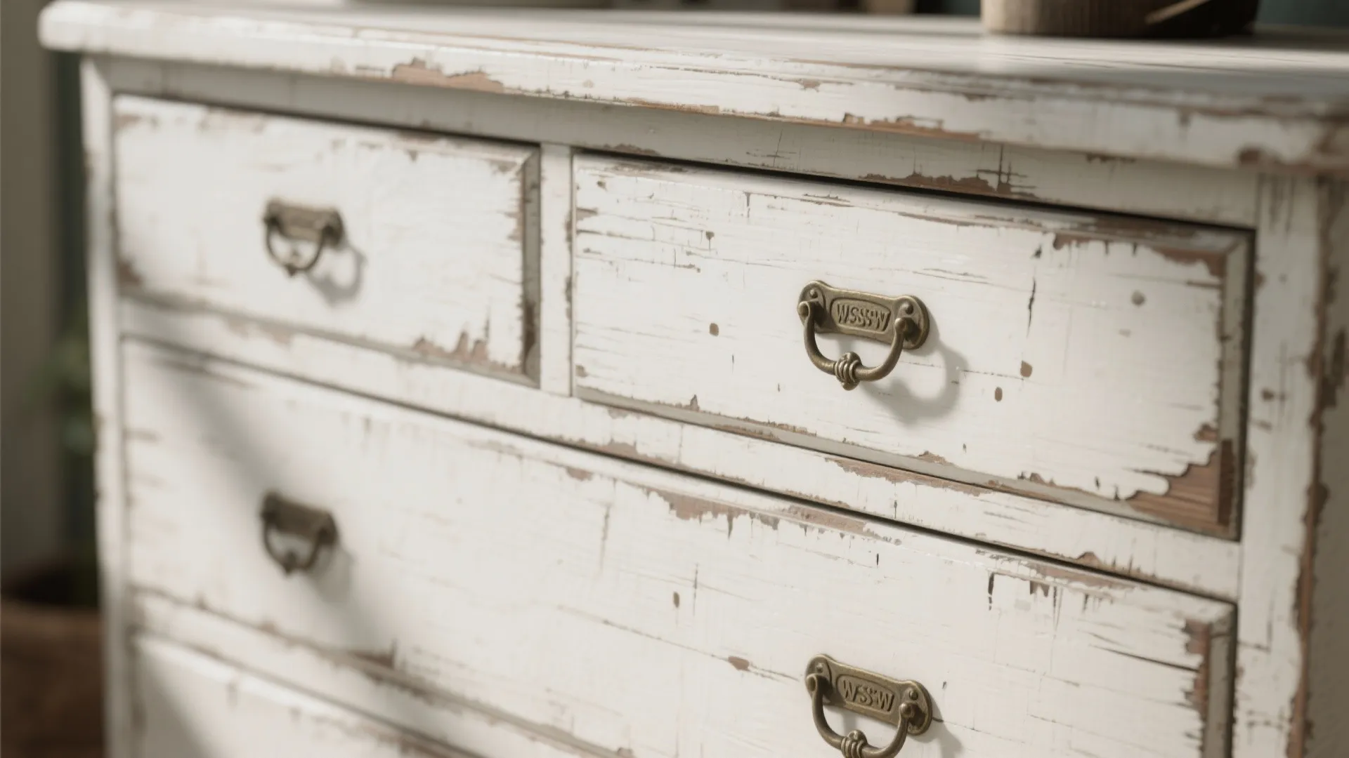 Close-up of distressed white painted dresser with vintage handles