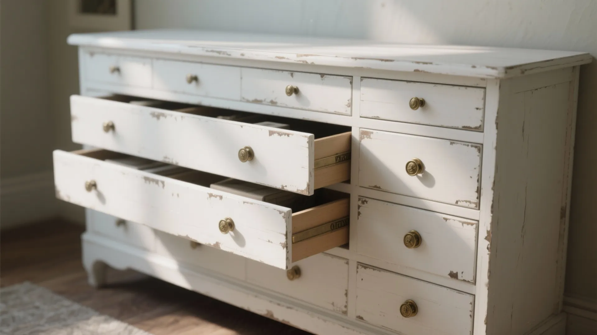 3. White Painted Dressers with Distressed Details